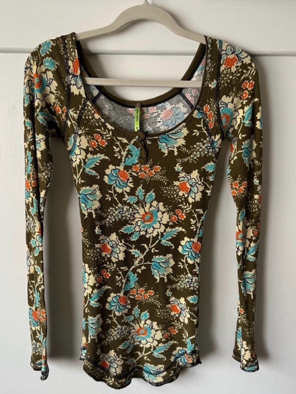 Free People Thermal Weave Floral Boat Neck Top